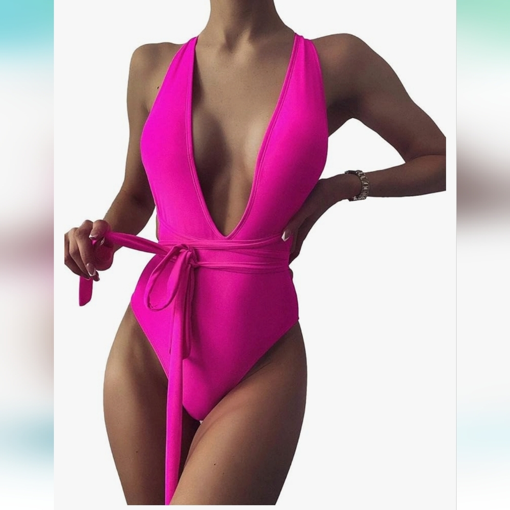 Lilosy Hot Pink One Piece Crisscross Plunge Swimsuit Size M